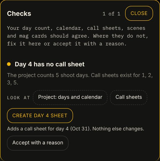 A check on Prep, opened from its button: why it is flagged, where to look, a fix where there is one, or accept it with a reason.