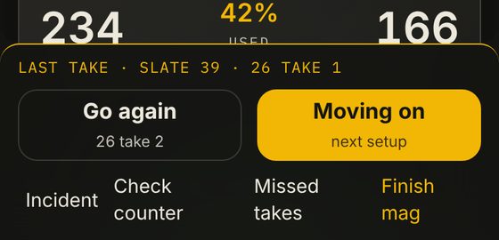 After a cut: Go again or Moving on, with Check counter and Missed takes underneath.