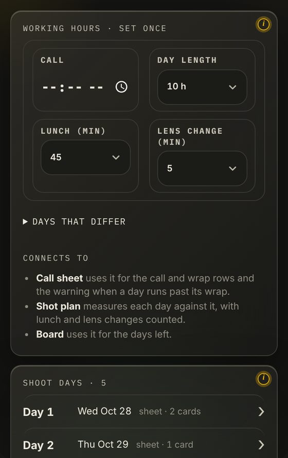 Prep, Shoot days: set the working hours once at the top. Each day opens to its date, scenes, call sheet and mag cards.