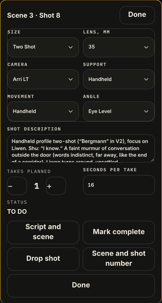 The shot opens as a pop-up: size, lens, camera, support, movement and angle are dropdowns. Script and scene shows the scene with this shot&rsquo;s lines marked.