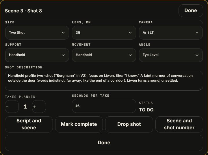 The shot opens as a pop-up: size, lens, camera, support, movement and angle are dropdowns. Script and scene shows the scene with this shot&rsquo;s lines marked.