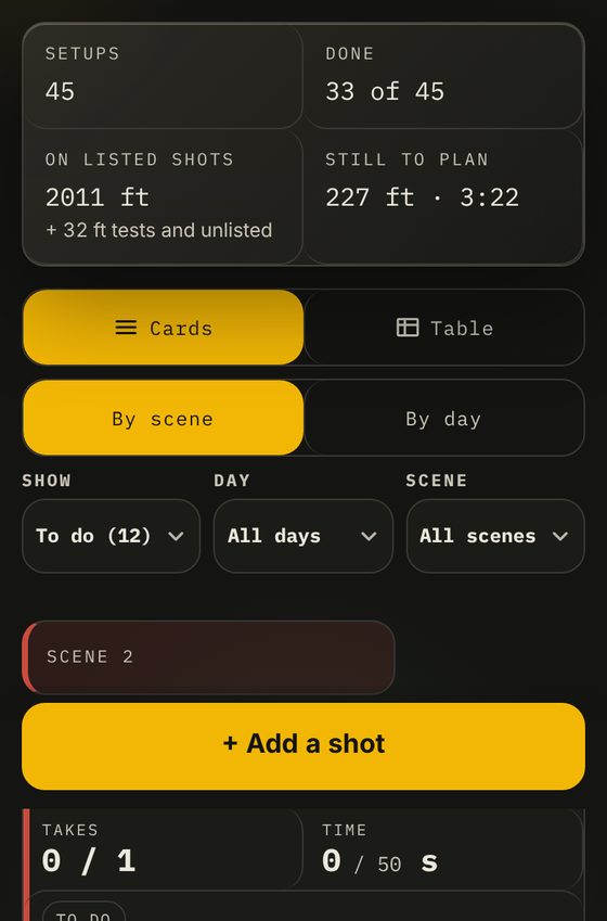 Shoot, Shot Cards as Cards. Tap a card (or a table row) to edit that shot.